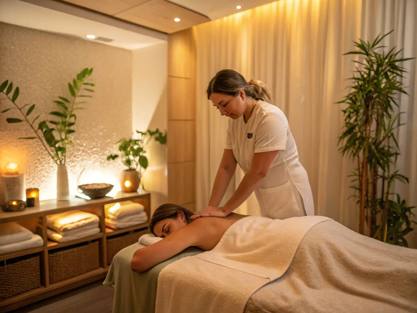 A therapist performing a full-body massage with a focus on the feet, in a quiet, serene room.