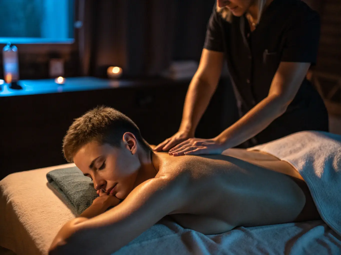 A person lying on a massage table, completely relaxed, with soft, warm lighting creating a serene atmosphere.
