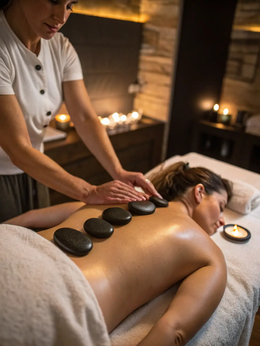 A calming image of a hot stone massage session, with smooth, heated stones placed strategically on the client's back, conveying warmth and relaxation.