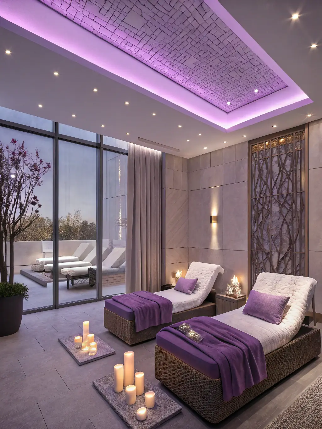 A serene spa environment with soft lighting, aromatherapy diffusers, and comfortable massage tables, creating a calming and peaceful atmosphere.