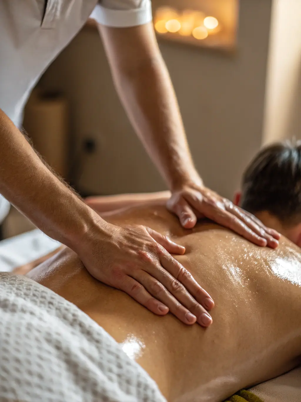 A close-up shot of a therapist's hands expertly working on a client's back during a combo massage, with soft lighting and a focus on the pressure points being targeted.