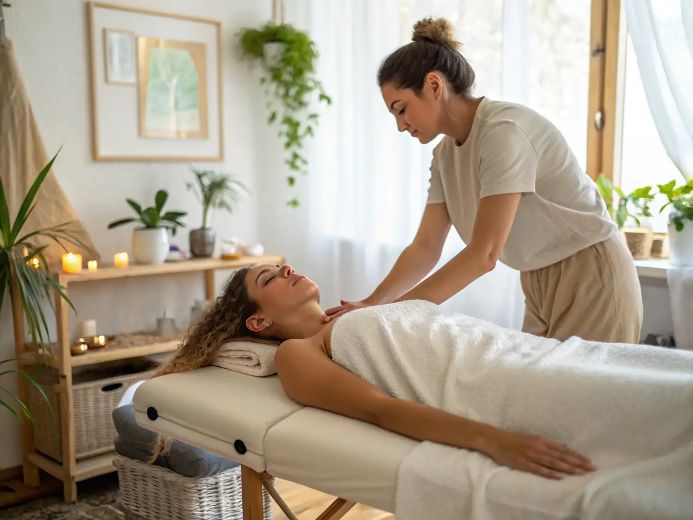 A therapist gently massaging a client's feet in a tranquil setting with soft lighting and calming decor.