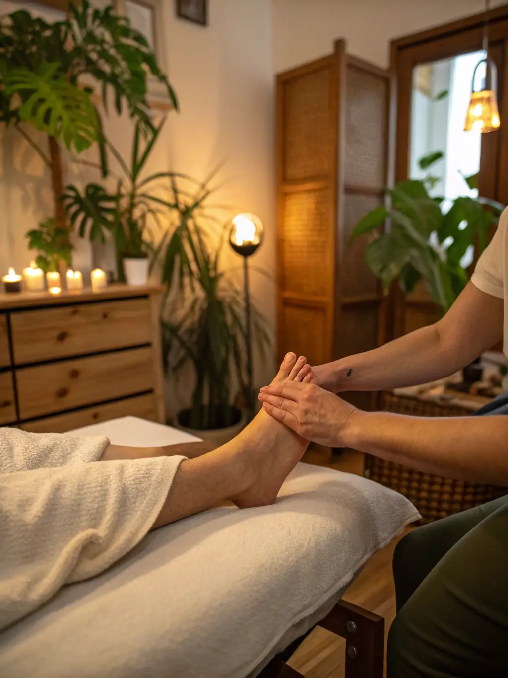 A serene image of a client receiving a foot massage in a dimly lit room, focusing on the therapist's hands gently massaging the client's foot, emphasizing relaxation and care.